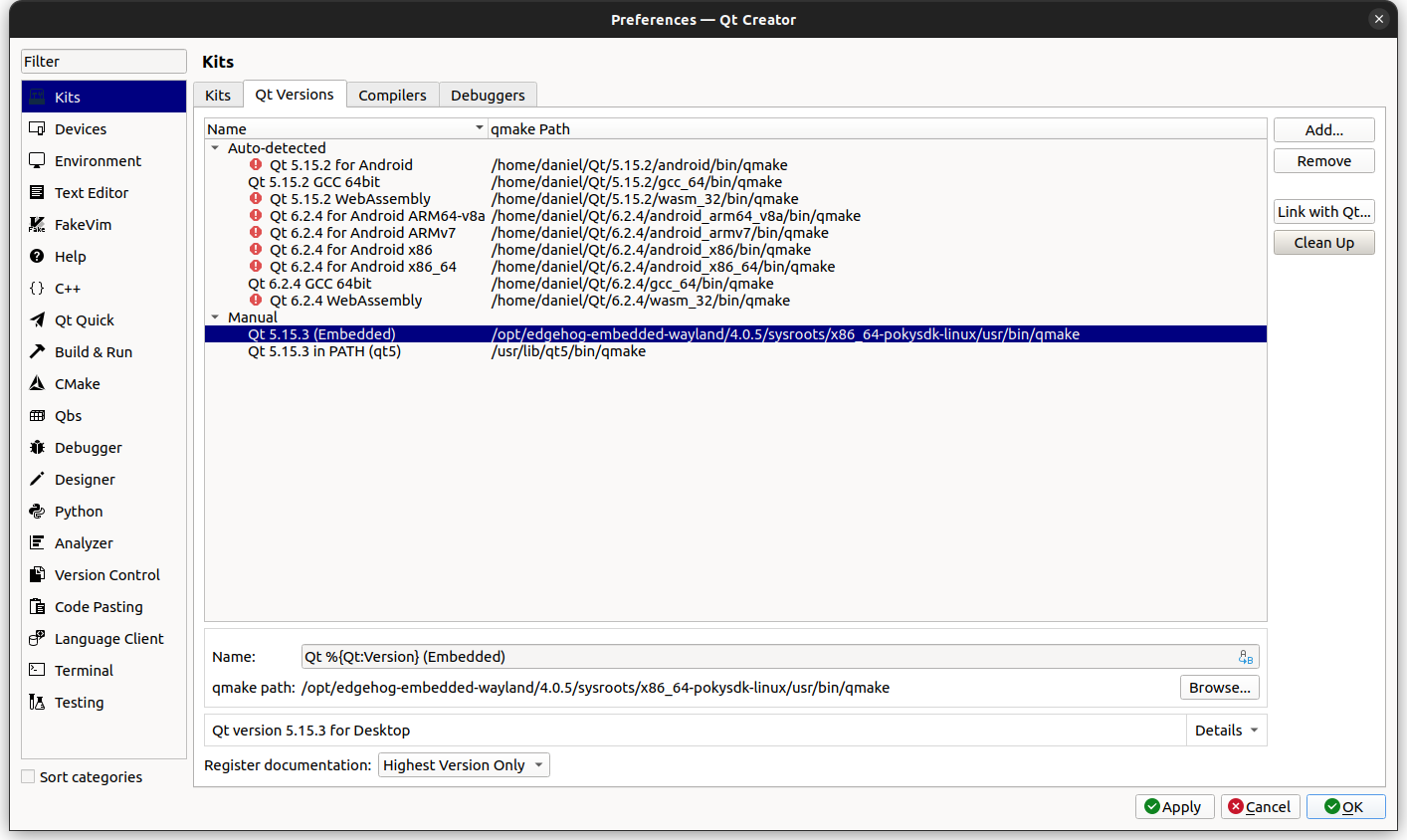 Qt Creator - Qt
Versions