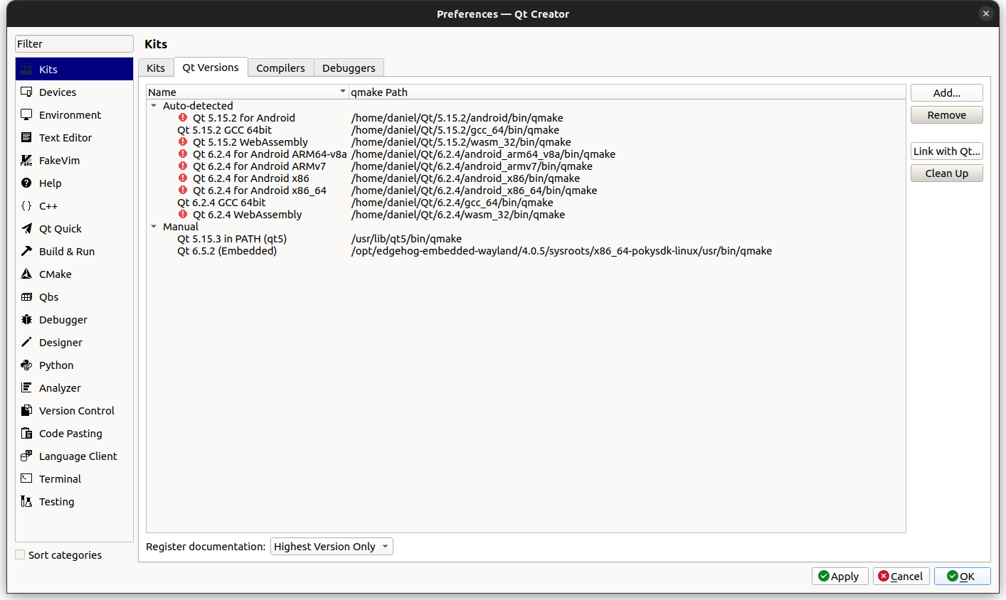 Qt Creator - Qt
Versions